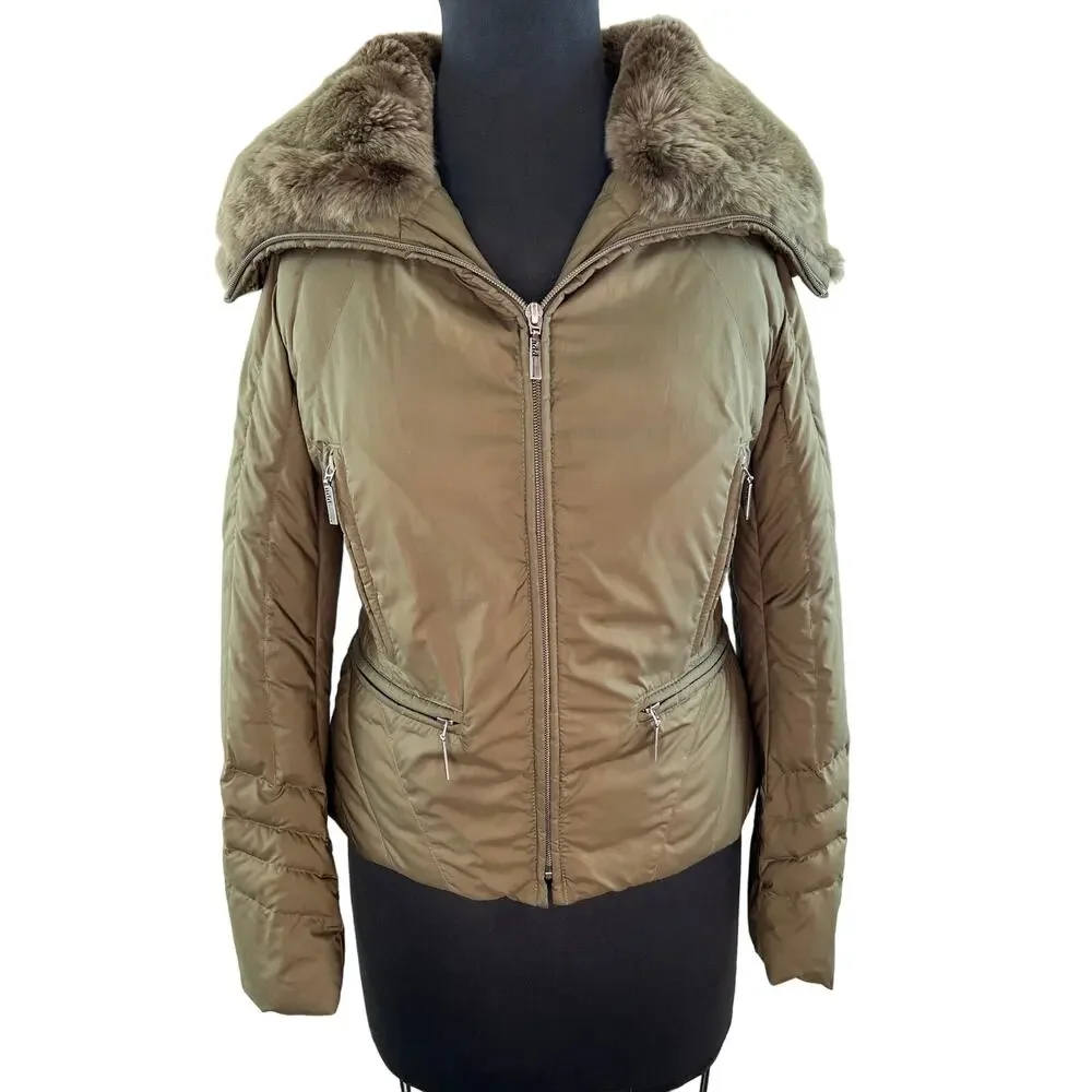 ADD Olive Green Long Sleeve Oversized Fur Collar Womens Down Jacket Size 2